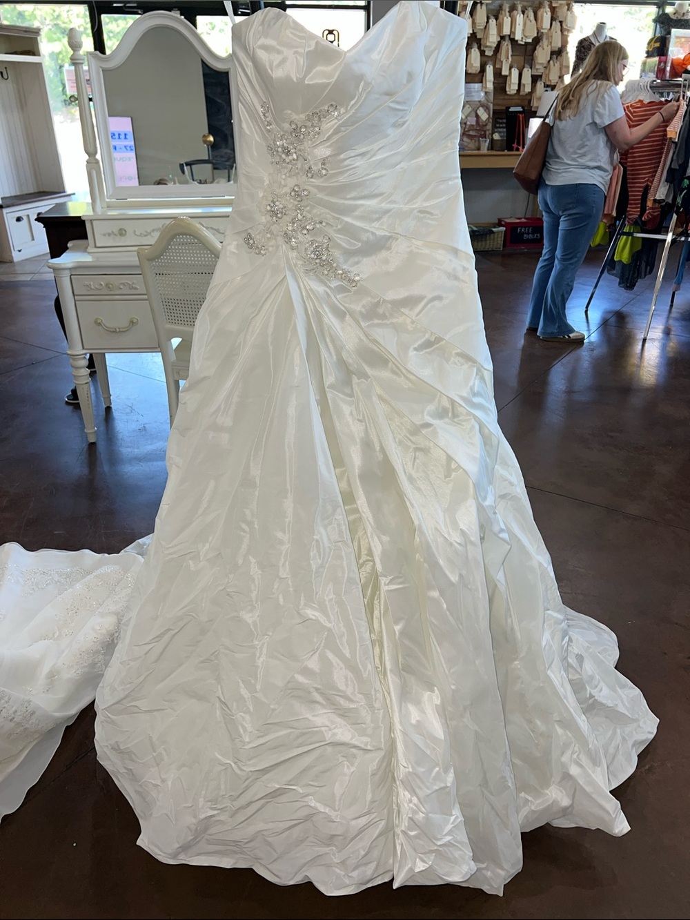 Strapless White Satin Wedding Gown with Beaded Waist Detail
